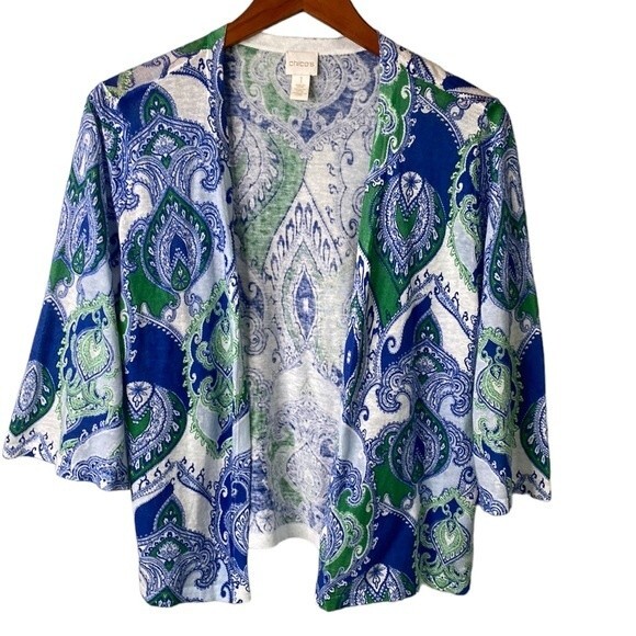 Chico's Cool Paisley Linen Cotton Open Front Cardigan Drape Flare 3/4 Sleeve - Picture 1 of 13